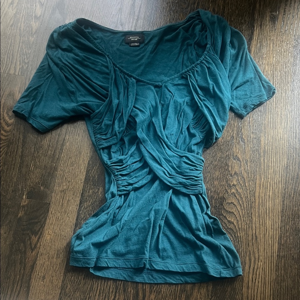 Deletta Y2K early 2000s Deep Teal Short Sleeve Top Ruched Deep V-Neck Scoop neck